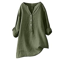 Summer Women Cotton Linen Tshirt Tops Casual Loose Fit Fashion Tunic Tees Long Sleeve Plus Size Button Dressy Blouses