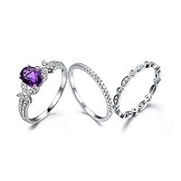 3pcs Wedding Ring Set,6x8mm Oval Cut Purple Amethyst Floral Art Deco Diamond Matching Band 14k White Gold