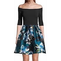 Betsy & Adam Womens Zippered 3/4 Sleeve Off Shoulder Short Cocktail Fit + Flare Dress