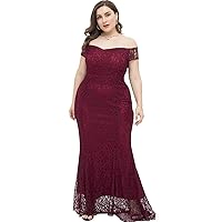 Women Plus Size Floral Lace Off-The-Shoulder Mermaid Maxi Prom Dress