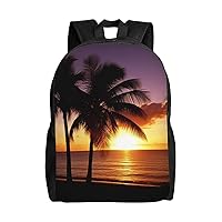 Sunset Beach Palm Tree Print Backpack 16 Inch Lightweight Waterproof Travel Bags Casual Daypack For Women Men