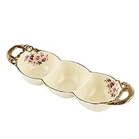 fanquare Gold Porcelain Snack Bowl, Floral 3 Compartment Side Dish for Condiments, Dipping Sauce Bowl, Seasoning Plate for Kitchen