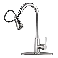 Kitchen Sink Faucet with Pull Down Sprayer with Deck Plate Home Handle Stainless Steel 360 High Arc Swivel Efficient Cleaning Brushed Out Kitchens Tap Faucets (3 Silver)