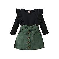 Toddler Girl's Autumn Set Long Sleeve Round Neck Solid Ruffle Stripe Top And Green Buttoned Skirt With Pockets