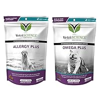 VetriScience Allergy Plus Immune Support Supplement for Dogs, Duck Flavor, 75 Chews & Omega Plus Advanced Skin Supplement for Dogs, 40 Chews