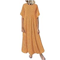 Plus Size Summer Dresses for Women Polka Dots Printed Long Dress O Neck Short Sleeve Casual Loose Dresses Beach Swing Flowy Vacation Sundress Yellow XL