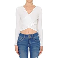 Women's V-Neck Wrap Front Long Sleeve Plunging Crop Top