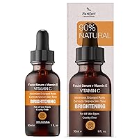NATURAL VITAMIN C Vegan Facial Serum for Skin Brightening Firming Anti Aging, Reduce Wrinkles Dark Spots with Niacinamide Vitamin E 30ml 1fl oz Non-Greasy and Fast Absorbing PURIFECT MADE IN USA