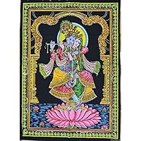 Sophia-Art Krishna Tapestry Unique Laxmi Work Shiva Radha Handmade God Cotton Buddha Sequin Wall Beautiful Poster Multi Arjun Hanging Ram Ethbic Poster Indian Poster (Krishna with Radha)