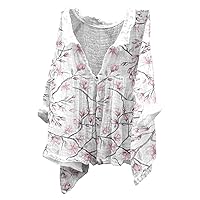 Women's V Neck Linen Cotton T-Shirts Summer Plus Tops Trendy Floral Print Casual Loose Fit Short Sleeve Button Blouse