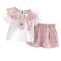 Teen Girls Athletic Pants Baby Summer Clothes Rabbit Pattern Plaid Lapel Tie School Style Short Baby (Pink, 6-12 Months)