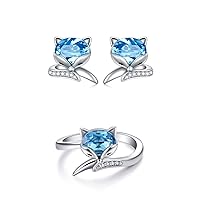 AOBOCO Sterling Silver Fox Stud Earrings/ring for Women, Simulated Aquamarine Crystal from Austria, Animal Anniversary Birthday Fox Jewelry Gifts for Foxes Lovers