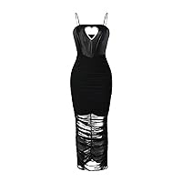 Women's Dress Cut Out Ruched Mesh Insert Cami Dress - Sexy Spaghetti Strap Sleeveless High Waist Pencil Long Dress