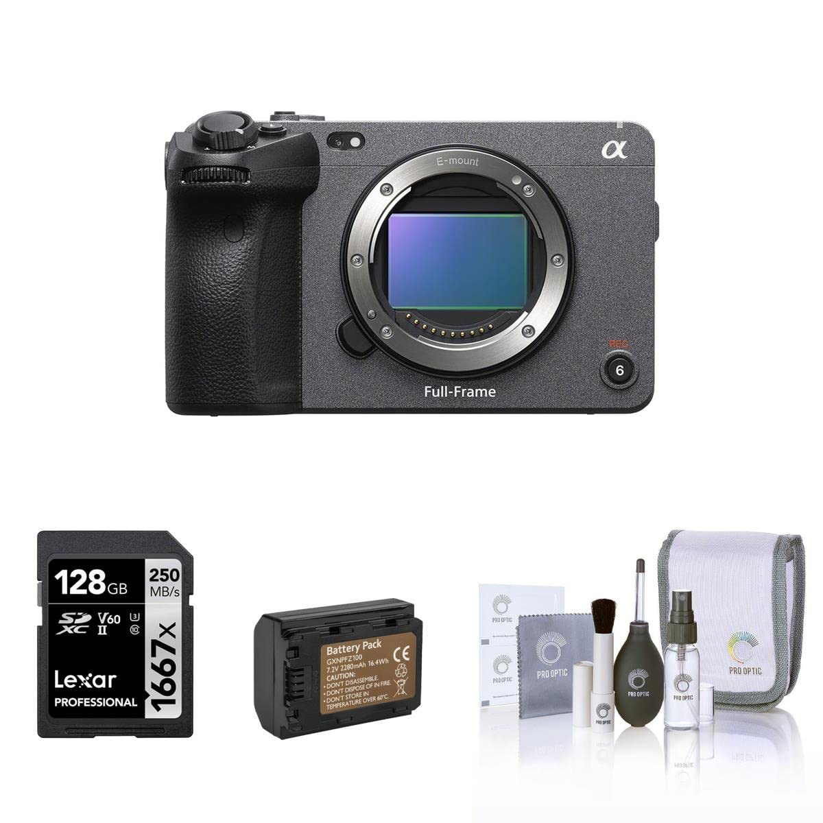 Sony Alpha FX3 Full-Frame Cinema Line Camera Bundle, with 128GB SD Card, Extra Battery with USB-C Charging Port, Care Cleaning Kit for Digital Video Full Frame Camera (4 Items)