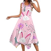 Summer Easter Dress,Women's Sleeveless Easter Egg and Bunny Print Dress Round Neck Casual Fashion Irregular Hem Midi Dress