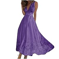Boho Maxi Dress, Chiffon Dresses for Women 50S Dresses for Women A Line Dress Womens V Neck 2024 Sleeveless Summer Maxi Dress Women's Streetwear Outdoor Trendy Fashion Long Dress (Purple,Large)