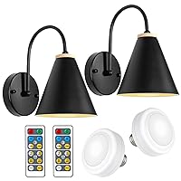 Battery Operated Wall Sconce Set of 2, Industrial Black Faux-Wood Battery Powered Wall Light, Cordless Wall Lamp Fixtures with Remote&LED Puck Light for Bedroom Farmhouse Gallery Fireplace
