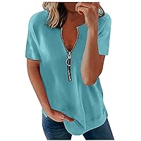 Shirts for Women Zipper Front V Neck Short Sleeve Tshirts Fashion Solid Tunic Tops Summer Casual Loose Pullover Tees Blouses