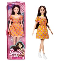 Barbie Fashionistas Doll #160 with Long Brunette Hair Wearing Patterned Orange Dress, White Shoes & Yellow Choker, Toy for Kids 3 to 8 Years Old