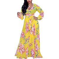 Womens Boho Long Sleeve Spaghetti Strap Deep V Neck Floral Summer Dress Chiffon Party Dress Bodycon Maxi Dress