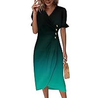 Summer Dresses for Women 2024 Ruffles Tiered Short Sleeve Wrap Dress V Neck High Waist Long Button Slit Gown Dresses
