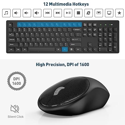 RATEL Wireless Keyboard Mouse Combo, 2.4GHz Slim Full-Sized Silent Wireless Keyboard and Mouse Combo with USB Nano Receiver for Laptop, PC (Black)