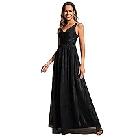 Ever-Pretty Women's A Line Glitter Sleeveless Pleated V Neck Maxi Formal Dress 02096