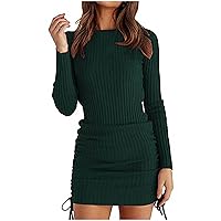 Fall Winter Sexy Ribbed Body Con Dresses for Women 2024 Long Sleeve Drawstring Mini Dress Ruched Club Party Dresses