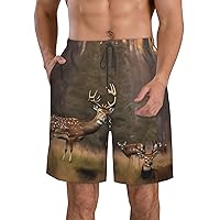 Deer Hunting Print Men's Hawaiian Beach Shorts Elastic Waist Drawstring Lightweight Summer Casual Shorts