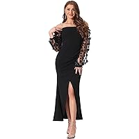 Allegra K Womens Elegant Long Sleeve Off Shoulder Cocktail Dresses Bodycon Ruched Split Midi Dress