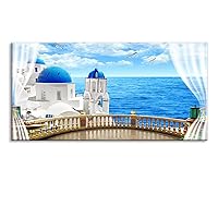 European Mediterranean Wall Decor Window Wall Art Santorini Churches Sea in Greece Canvas Oil Painting Framed Blue Home Decoration for Living Room (Waterproof, Ready to Hang)