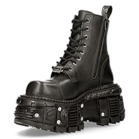 New Rock Men's TANK083-C1 Real Leather Combat Black Platform Biker Military Shoe Boots