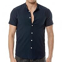 Mens Button Down Shirts Summer Short Sleeve Stand Collar Basic Solid Color Comfy Cotton and Linen Shirt for Men