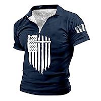 Tshirts Shirts for Men Cotton Summer Lapel Zipper Independence Day Shirt Flag Print Retro Short Sleeve