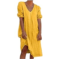 Women Cotton Linen Short Puff Sleeve Tunic Dress Summer V Neck Casual Loose Fit Knee Beach Dresses for Vacation