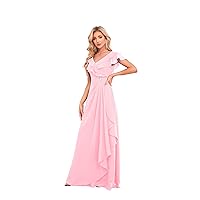 Women’s Ruffle Sleeve Bridesmaid Dresses with Pockets Pleated Chiffon Floor Length Formal Evening Gowns for Wedding.
