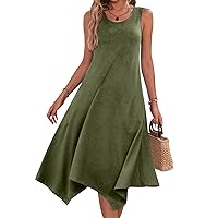 Elegant Lrregular Hem Maxi Sundress for Women, Solid Crewneck Sleeveless Tank Dress, Wrap Swing Hem Seaside Dresses