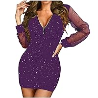Womens Sheer Long Sleeve Party Dress Sequin Bodycon Mini Dress Sexy Sparkly Mesh Going Out Dresses Zip V Neck Clubwear