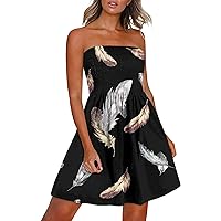 Womens Feather Print Trendy Bandeau Beach Dresses Summer Smocked High Waist Casual Flowy Strapless A-Line Dress