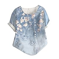 Womens Floral Printed T Shirts Short Sleeve Cotton Linen Top Boho Lightweight Tunic Shirts O Neck Casual Work Blouses