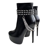 Frankie Hsu Stiletto Platform High Heeled Ankle Boots, Sexy Black Rivets Steel Metal Chain Faux Fur Lined Thin Bootie, Large Big Size Fashion Designer Short Shoes For Women Men