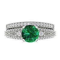 Clara Pucci 2.20 ct Round Cut Solitaire Genuine Simulated Emerald Art Deco Statement Wedding Ring Band set 18K White Solid Gold