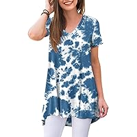POPYOUNG Plus Size Women's Summer Casual Short Sleeve Tunic Tops to Wear with Leggings V-Neck T-Shirt Loose Blouse 5XL, Blue Tie dye