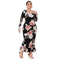 Women's Dress Dresses for Women Plus Floral Print Ruffle Hem Dress (Size : X-Large)