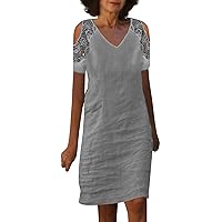 Linen Dresses for Women, Women's Summer Lace Splicing Dress Short Sleeve V Neck Pullover Strapless, S XXL