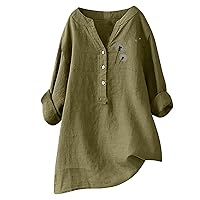 Womens Cotton Linen Shirts Plus Size Button Up Casual Blouses Summer V Neck Print Long Sleeve Tops Loose Fit Tunic