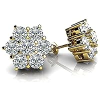0.84 Ct Round Cut D/VVS1 Diamond Flower Stud Earring For Womens 14K Yellow Gold Plated 925 Sterling Silver