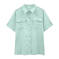 Womens Button Down Shirts Gauze Cotton Dress Shirt Short Sleeve Oversized Shirts Solid Tunic Tops with Pockets