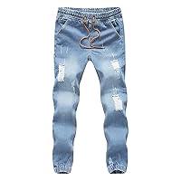 Men's Ripped Joggers Denim Pants Elastic Waist Casual Pull On Jean Pants Lightweight Distressed Jeans Trousers