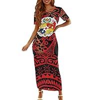 Women's 2 Piece Outfits Polynesian Tribal Print Puletasi Samoan Traditional Dress Plus Size XS-7XL